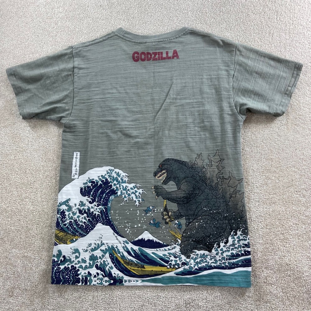 Godzilla T-Shirt Mens Large Green Great Wave Off Kanagawa Graphic Slub GZ-UT-006